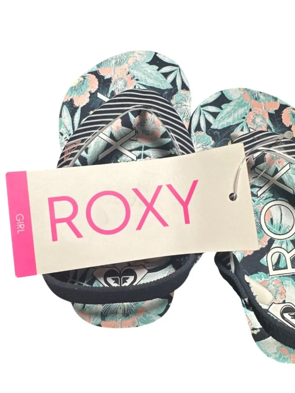 Roxy Kids Flip Flops Size 5 Floral Black Pink Green Summer Beach Sandals